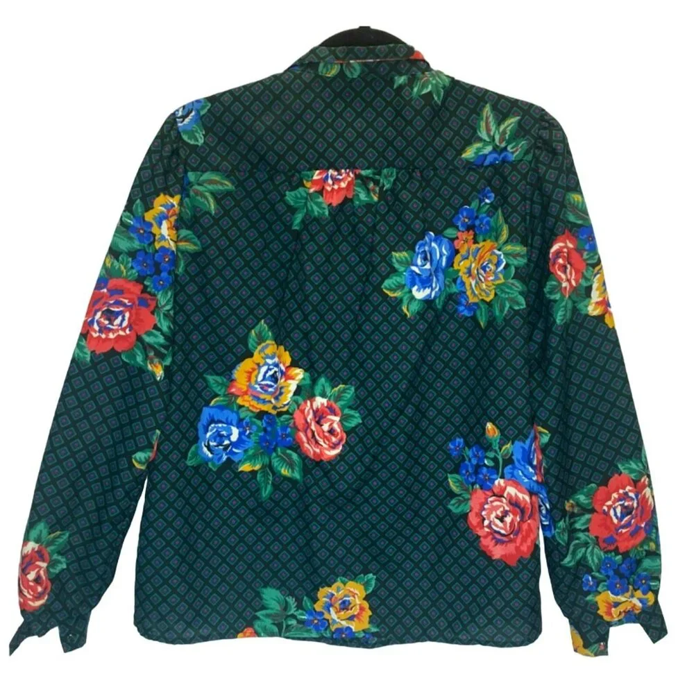 Vintage Clarissa Floral Black Button Up Blouse Shirt Womens Size 8 Secretary 80s - Picture 8 of 9